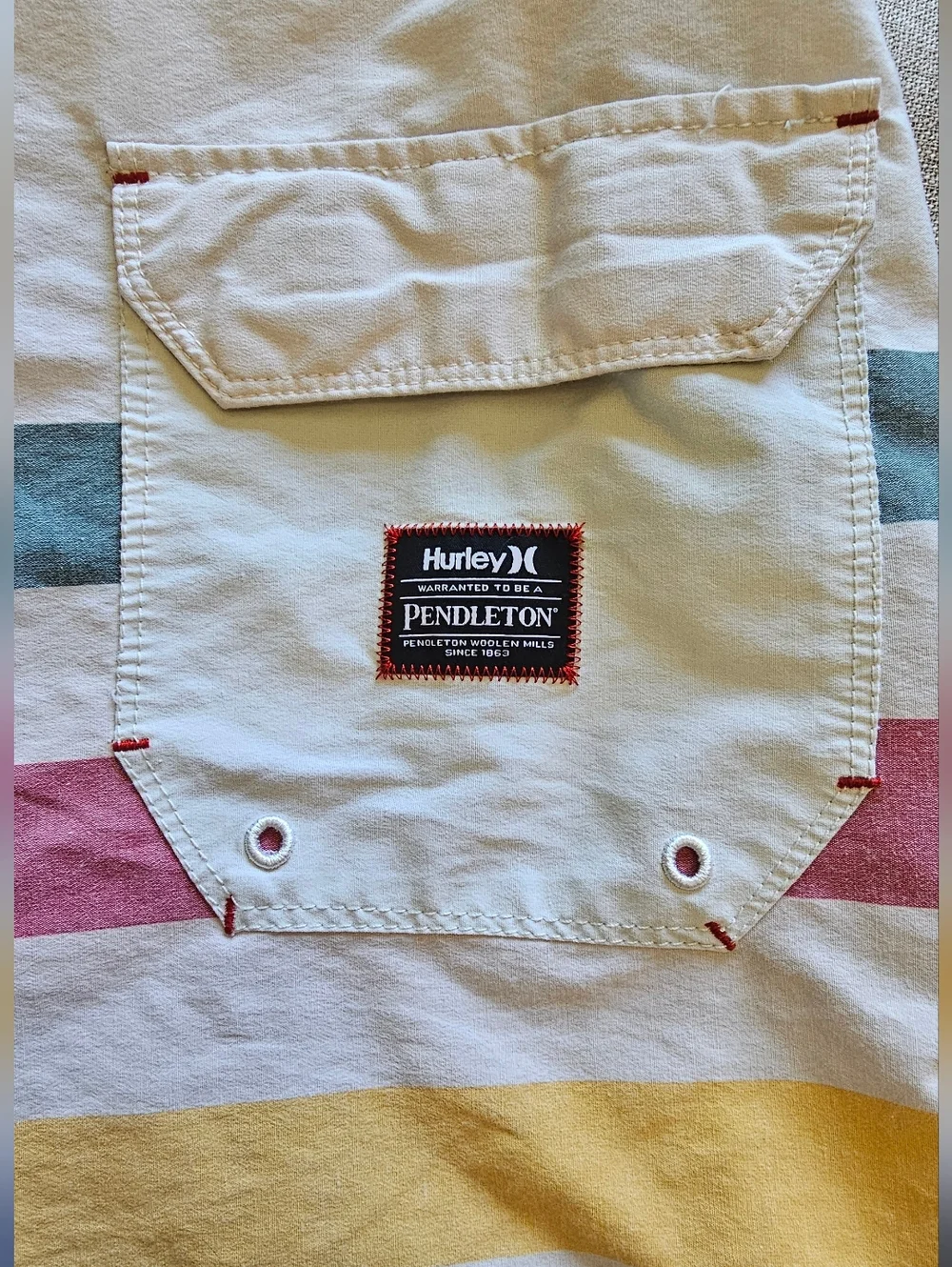 Pendleton/Hurley White Boardshorts with Teal, Pink, Yellow & Gray Stripes